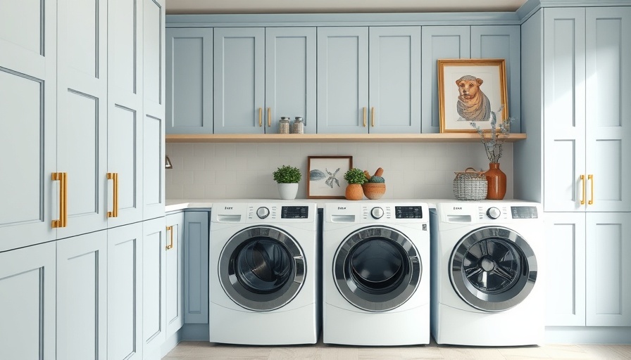 Stylish brass cabinet hardware in a modern laundry room from Etsy.