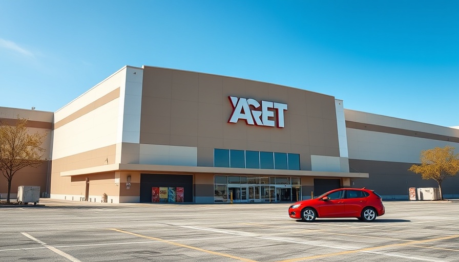 Retail store exterior with logo and parked red car.