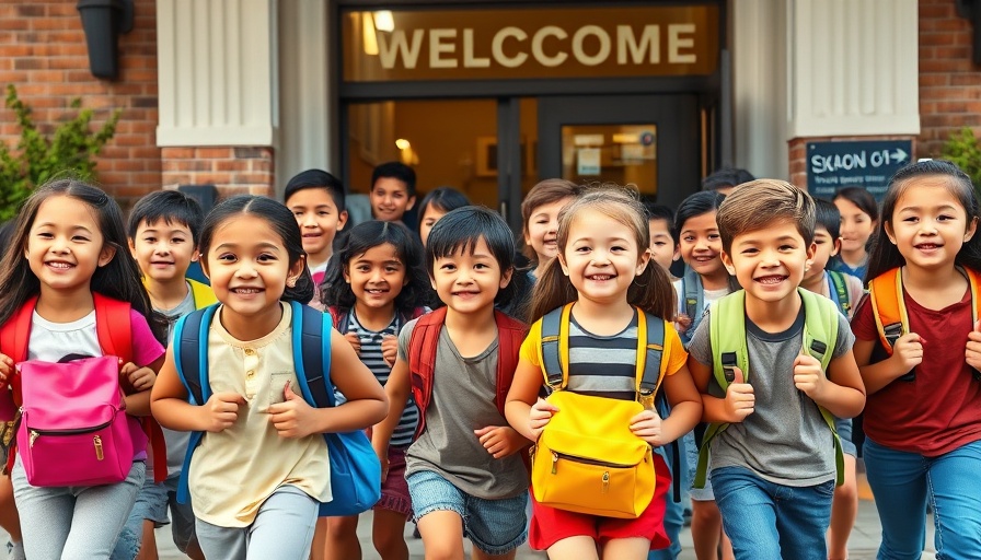 Children entering Greenwood School with backpacks under supervision, daylight.