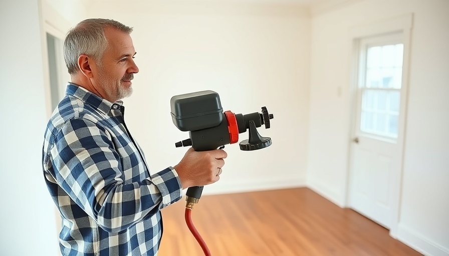 Interior trim painting setup demonstration by a man using a paint sprayer.