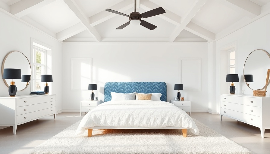 Minimalist bedroom with white decor and patterned headboard.