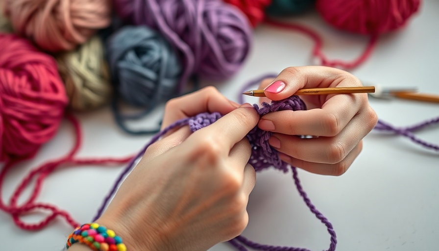 Hands crocheting with purple yarn, vibrant setup for home decor