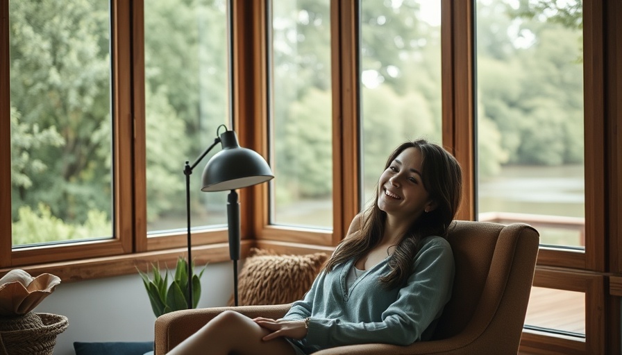 Woman relaxing in river house living room during renovation updates.