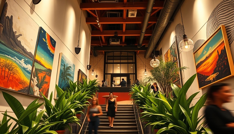 Hotel interior with local art and plants at Populus Seattle.