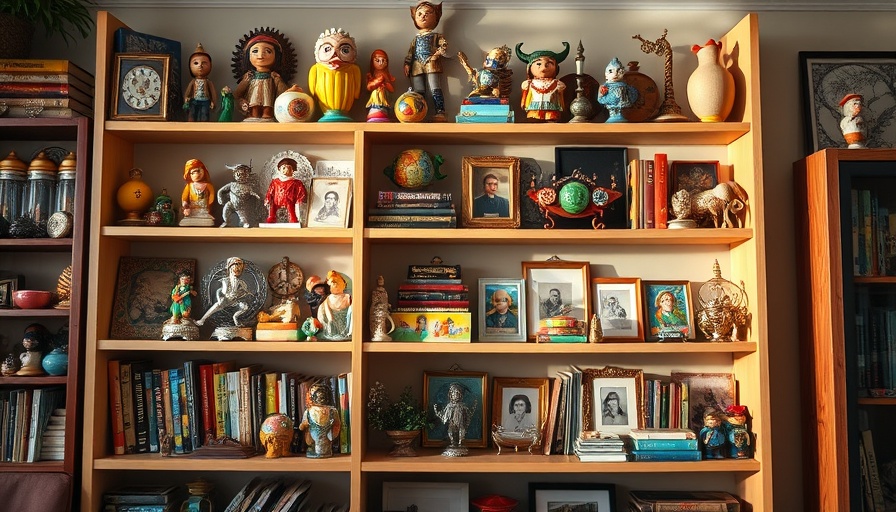 Eclectic shelf with trinkets and books for DIY Trinket Box Wall Art.