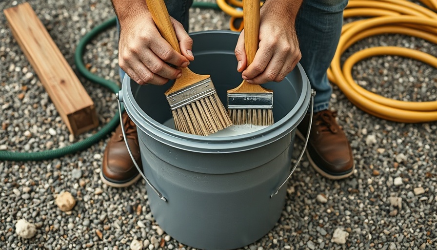 Man cleaning paint brushes outdoors near a bucket, debating disposal.