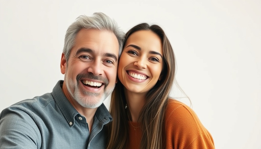 Cheerful couple smiling in studio portrait, bright background.
