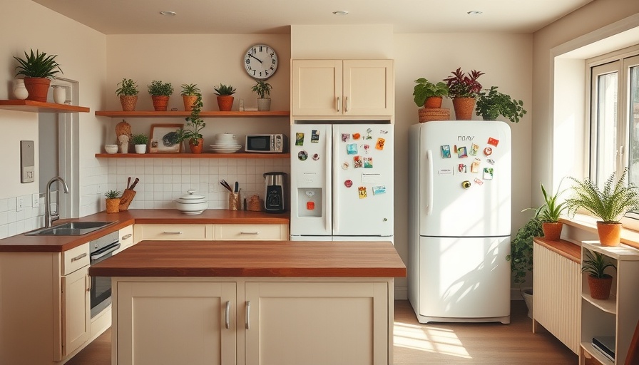 Bright kitchen with DIY fridge magnets and plants.