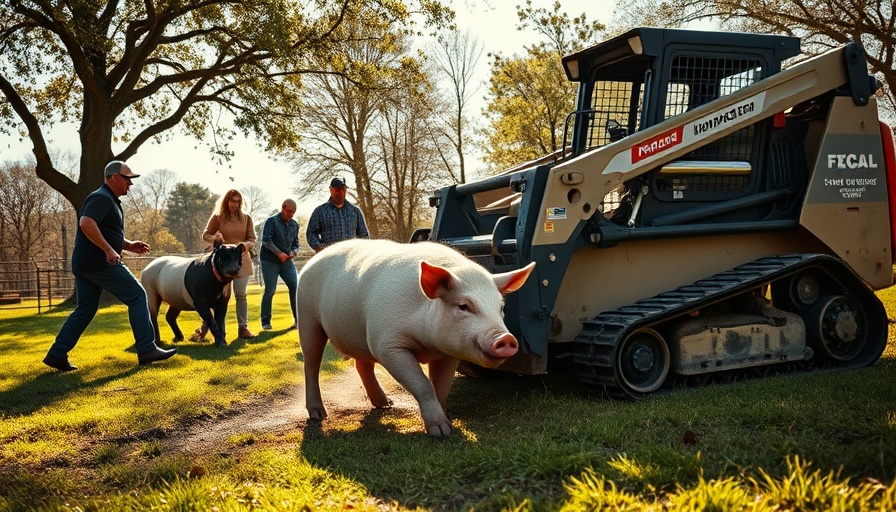 Capturing a pig with a compact track loader in a sunny outdoor setting.