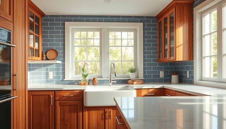 Elegant kitchen with wooden cabinets and information on countertop edge profiles.