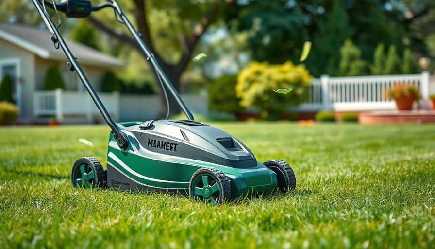 Battery-powered lawn mower in sunny backyard.