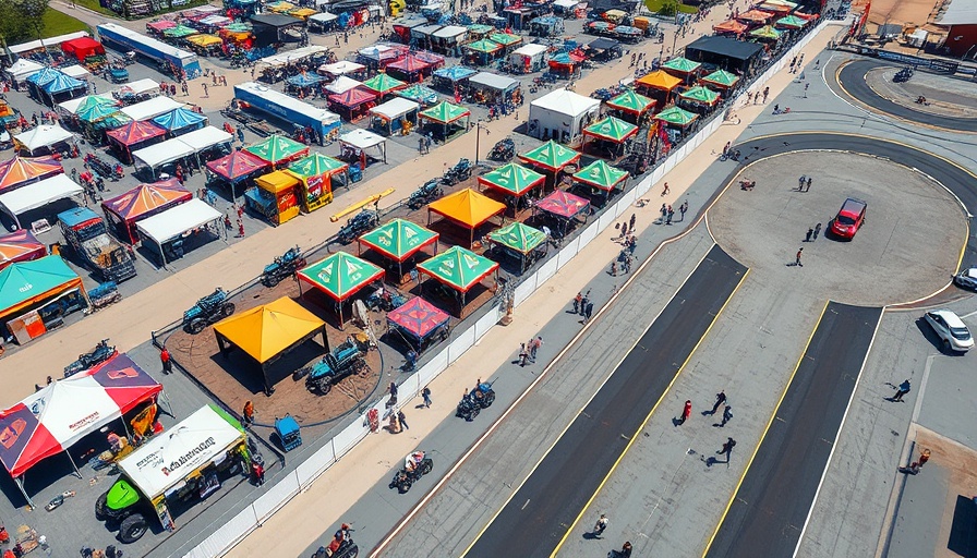Aerial view of UTV Test Track Equip Expo with tents and activities.