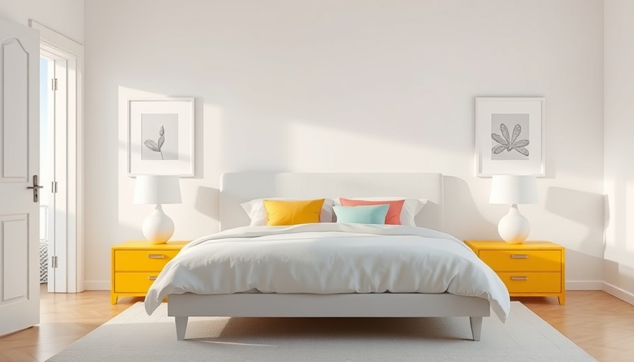 Modern bedroom with DIY lamp makeover on yellow tables.