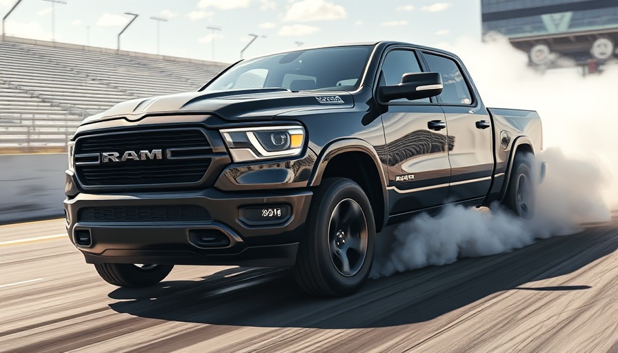 Ram 1500 Hemi V8 performing burnout on racetrack.