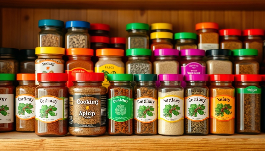 Neatly organized spice jars with colorful lids on wooden shelf, Spice Jar Lid Trick.