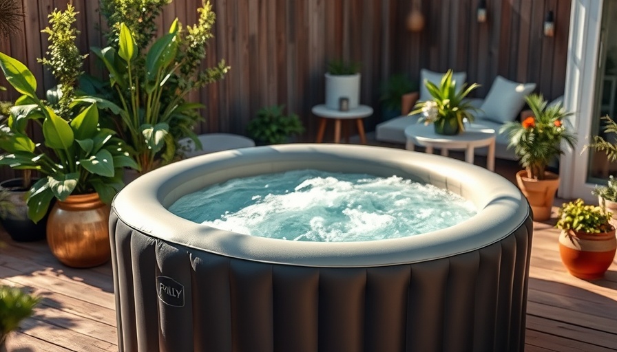 Compact inflatable hot tub in small yard, natural setting.