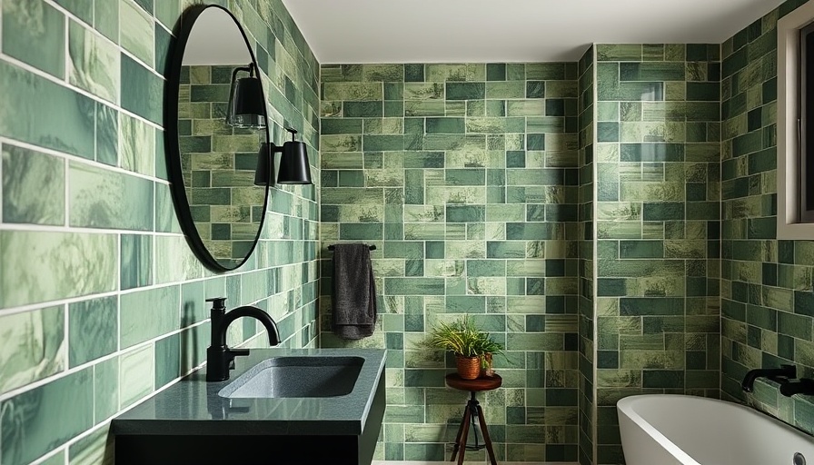 Stylish modern traditional bathroom with green tiles and nature wallpaper.