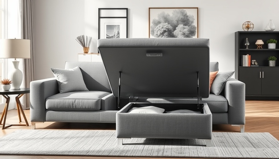Modern grey storage sofa with open compartment in elegant living room.