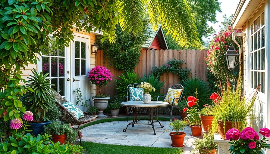 Charming garden with vibrant flowers and cozy seating area