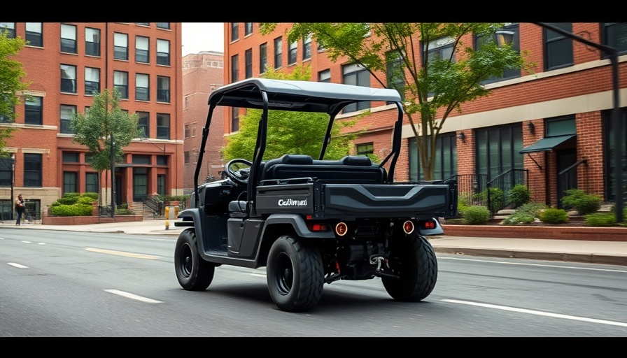 Cushman Hauler XL UTV driving on a city road with buildings in the background.