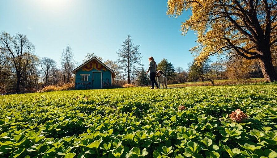 Clover lawn benefits: woman and dog near decorated shed.