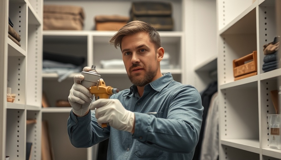 Man demonstrating fast closet painting techniques using a spray gun.