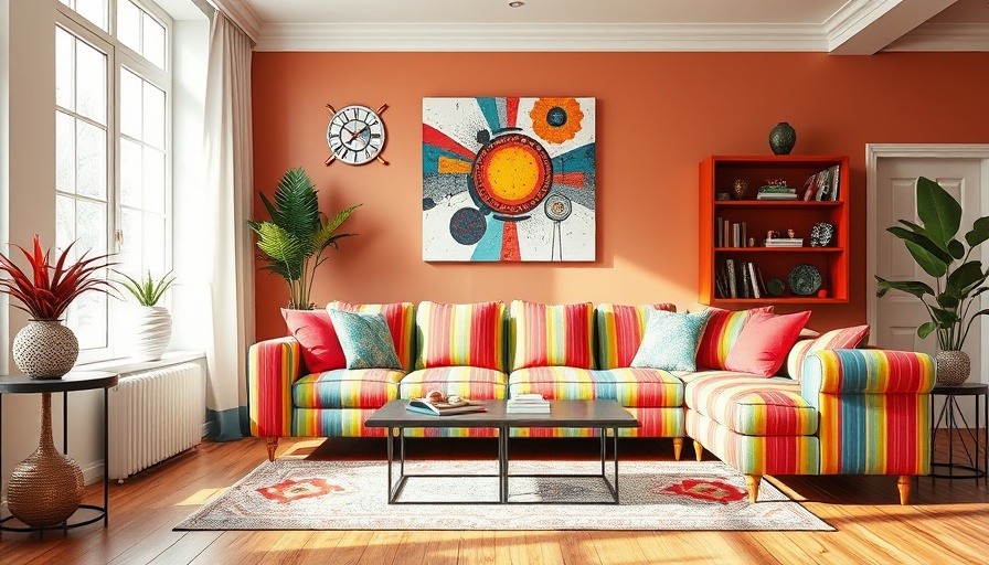 Modern living room with striped sofa and eclectic wall art, showcasing Home Design Trends Summer 2025.