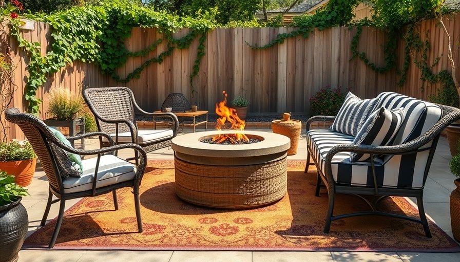 Cozy outdoor patio with 2-in-1 West Elm rug and fire pit.