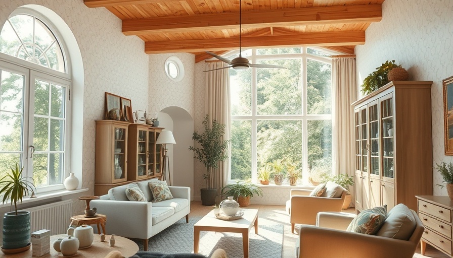 Cozy sunlit room with modern heirloom decor and large windows