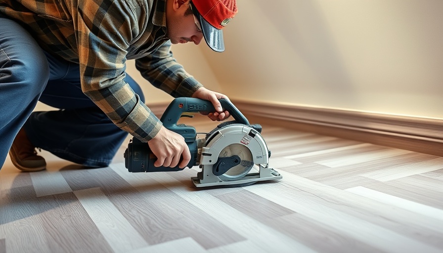 Worker using an undercut saw for flooring installation in a room corner.
