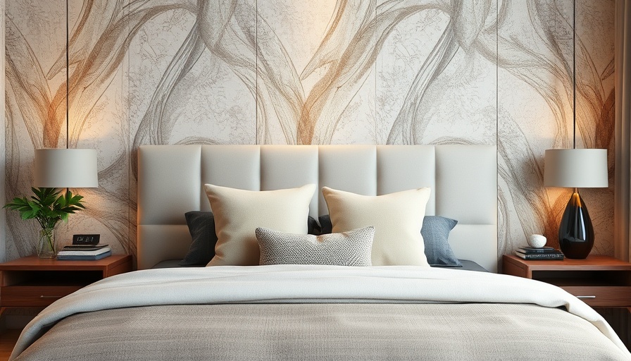 Modern bedroom with artistic wallpaper design and cozy atmosphere.