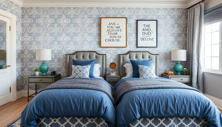 Modern traditional bedroom with blue and gray decor, elegant wall art.