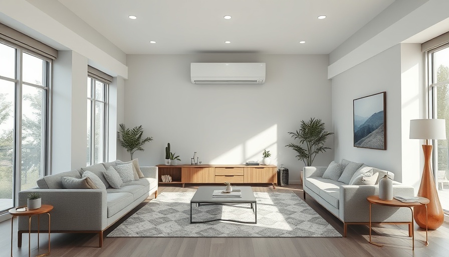 Modern living room with a central air system, showcasing whole home air systems.