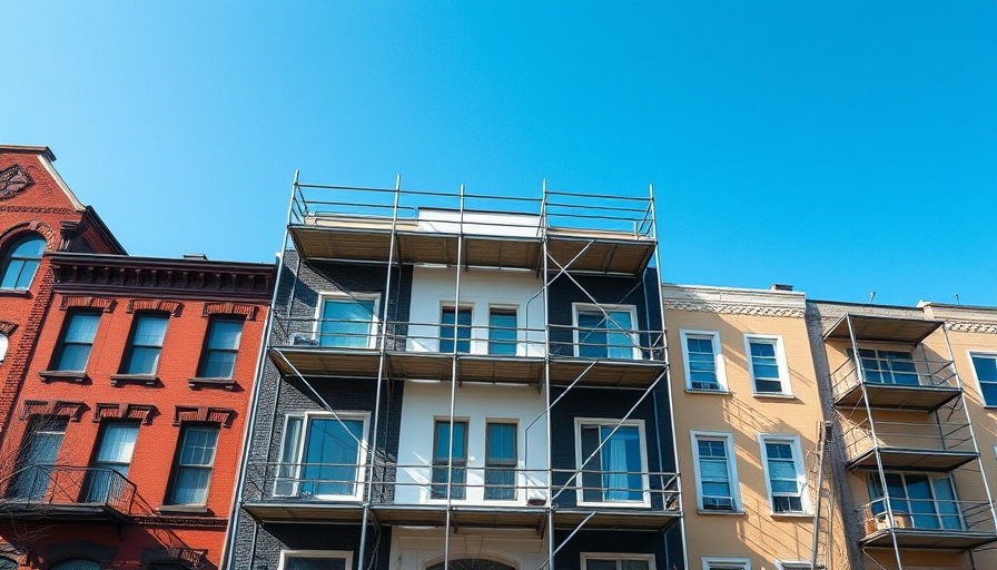 Row houses with scaffolding, blue sky, scaffolding hire prices 2025.