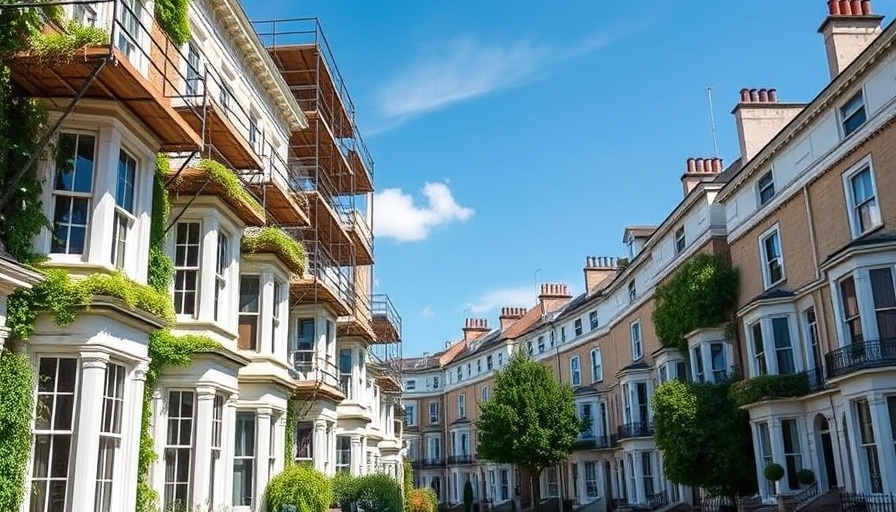 Victorian houses with scaffolding under clear sky, scaffolding hire prices 2025.