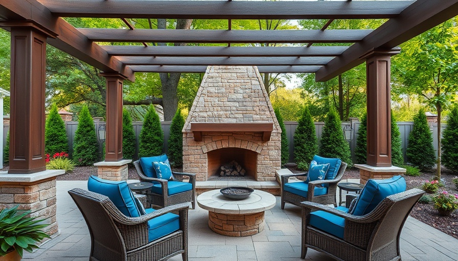 Charming backyard patio with pergola and fireplace under lush trees.