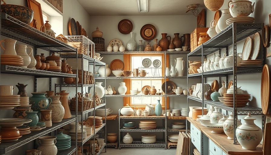 Vintage collection of pottery and collectibles on shelves in cozy room.