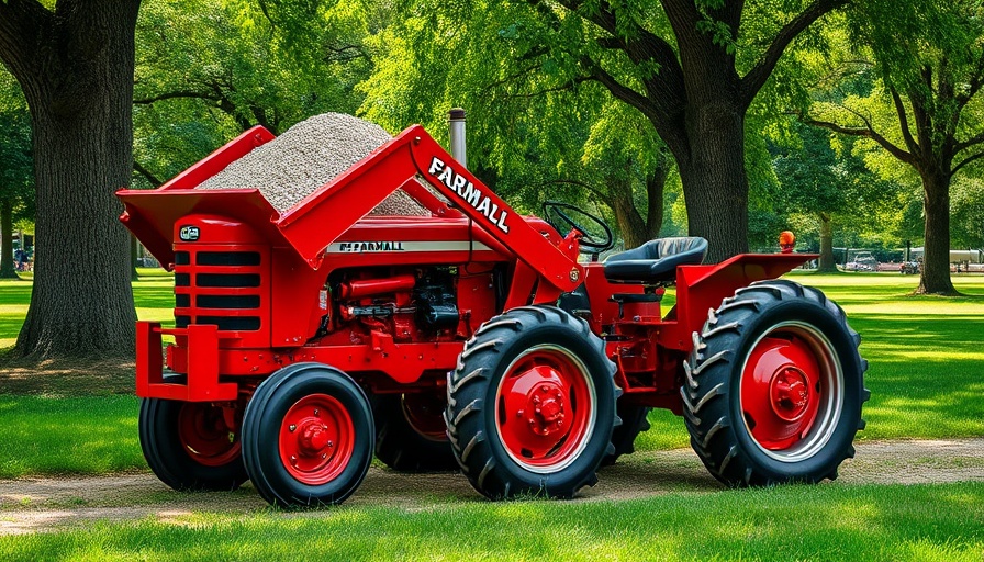 Farmall utility tractor dumping gravel in a park setting.