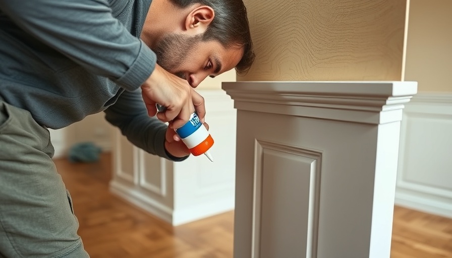 Craftsman applying CA glue to wood trim against beige wall.