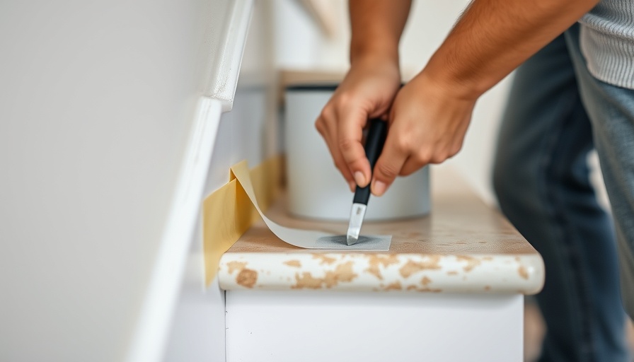 Home improvement stairs trim and paint process with tools and tape.