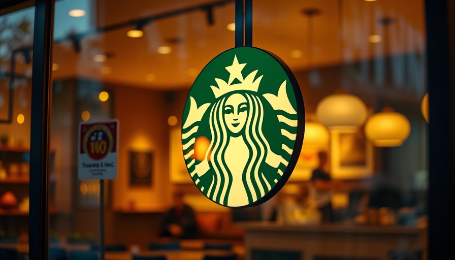 Illuminated Starbucks logo on window in evening setting.