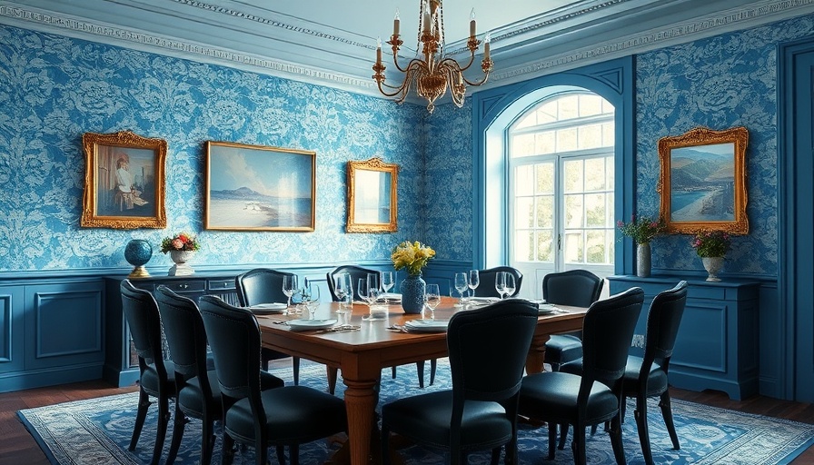 Elegant dining room in blue color palette with ornate decor.