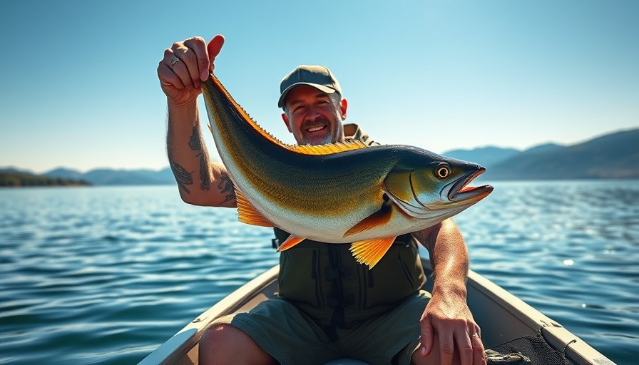 Middle-aged man fishing on a lake with a fish in hand, happy anniversary 36 years.