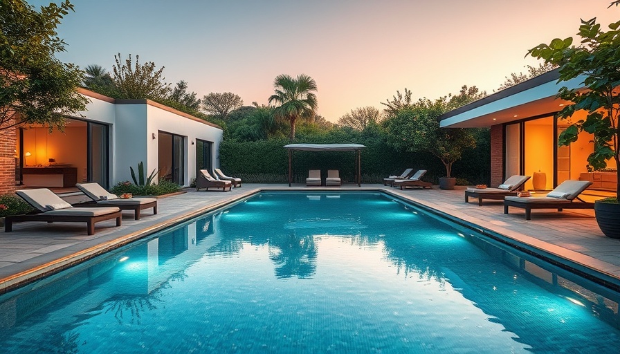 Modern pool design for outdoor oasis with lounge chairs and greenery.