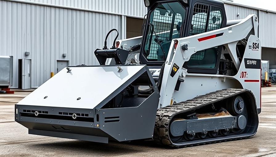 Center paver attachment on compact track loader in industrial setting