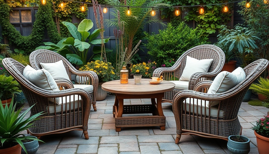 Cozy 5-piece patio furniture set in a lush garden setting.
