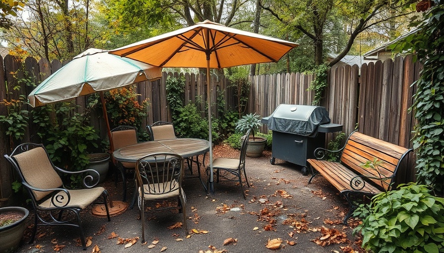 Neglected backyard needing makeover with mismatched outdoor furniture and overgrown plants.