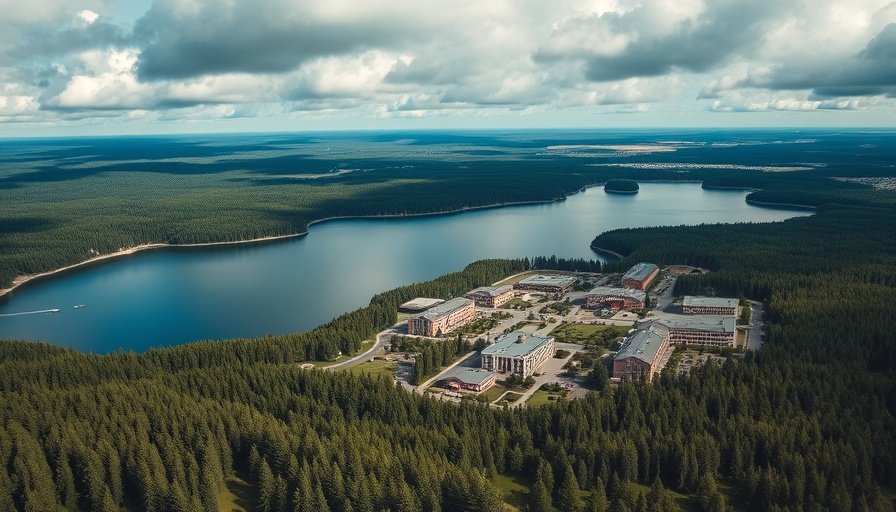 Aerial view of research facility near lake, surrounded by forest.