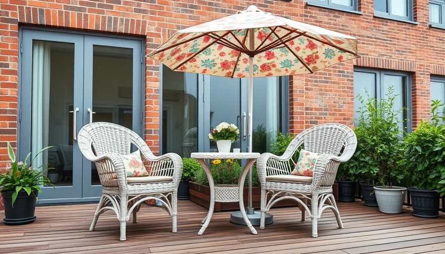 3-piece rocking patio set on a stylish deck with floral umbrella.