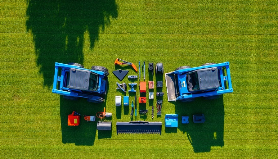Overhead view of Blue Diamond Attachments parts and accessories on grass.